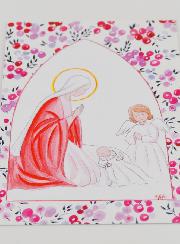 Cartolina di Battesimo - Vergine Maria e Angelo Custode - Ciliegie Fucsia