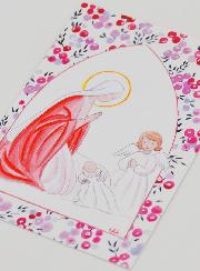 Cartolina di Battesimo - Vergine Maria e Angelo Custode - Ciliegie Fucsia