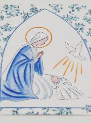 Cartolina di Battesimo - Vergine Maria e Colomba dello Spirito Santo - Cornice Fiori Blu