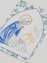 Cartolina di Battesimo - Vergine Maria e Colomba dello Spirito Santo - Cornice Fiori Blu