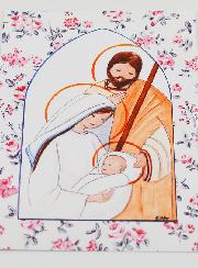 Cartolina di Battesimo - Sacra Famiglia - Fiori Rosa
