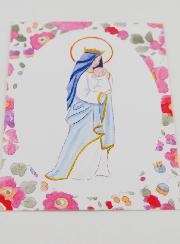 Cartolina di Battesimo - Vergine Incoronata con Bambino Gesù - Fiori Rosa