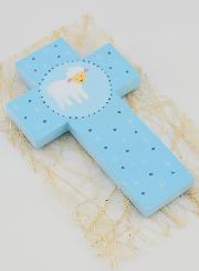 Croce in Legno Pecorella Blu - Regalo di Battesimo