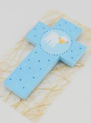 Croce in Legno Pecorella Blu - Regalo di Battesimo