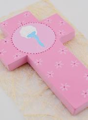 Croce Bambino in Legno Acqua di Battesimo - Rosa - 12cm