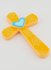 Croce in Legno Arancione e Cuore Blu