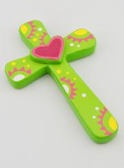 Croce in Legno Verde e cuore Rosa