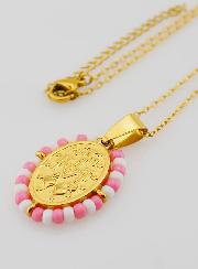 Medaglia Miracolosa + Catena - Perline Banche & Rosa