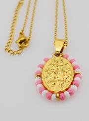 Medaglia Miracolosa + Catena - Perline Banche & Rosa