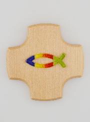 Croce in Legno d'Acero e Pesce Ichtus in Vetro - 9 cm