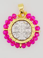 Medaglia di San Benedetto in Ottone & Vetro Fuchsia