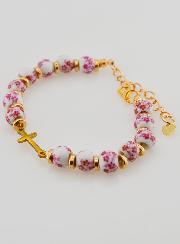 Bracciale con Croce & Grani in Ceramica - Rosa