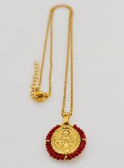 Medaglia Miracolosa Perline Sfaccettate + Catena - Rosso