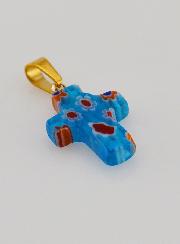 Ciondolo Croce Artigianale in Vetro - Blu Turchese