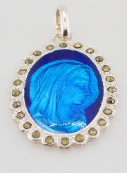 Medaglia Santa Vergine Maria in Argento e Smalto Blu - 30mm